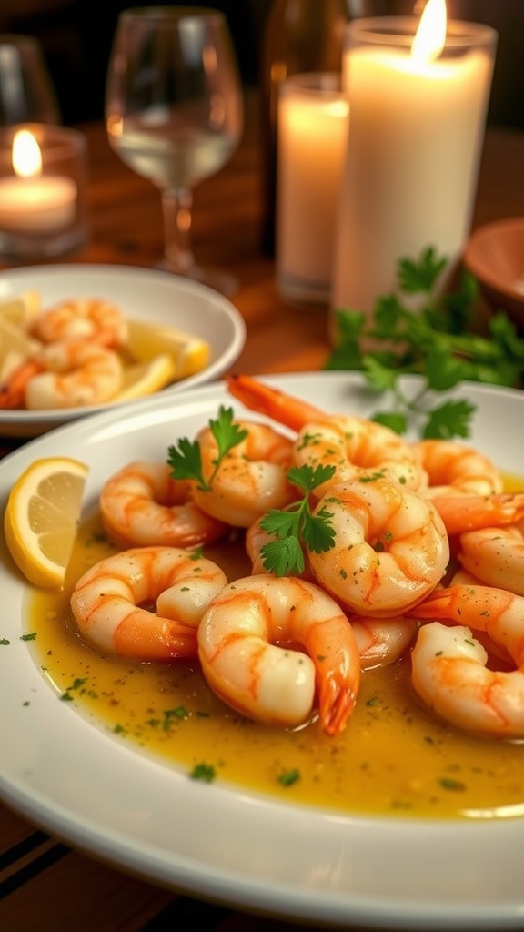 Garlic butter herb shrimp on a plate, garnished with lemon and parsley, in a romantic candlelit dinner setting.